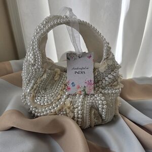 Champagne/Off White pearl India Handbag NWT Luxury Top Handle Layered Satin Bead